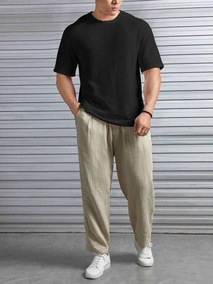 STYLOPHY INDEPENDENCE DAY SALE - Men's Waffle Knitted Drop shoulder Tee - BLACK