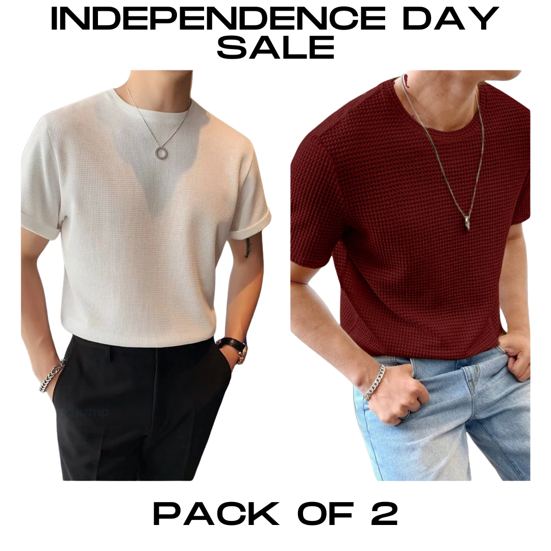 STYLOPHY - INDEPENDENCE DAY SALE - Half Sleeves Waffle Knitted Tee - White & Maroon