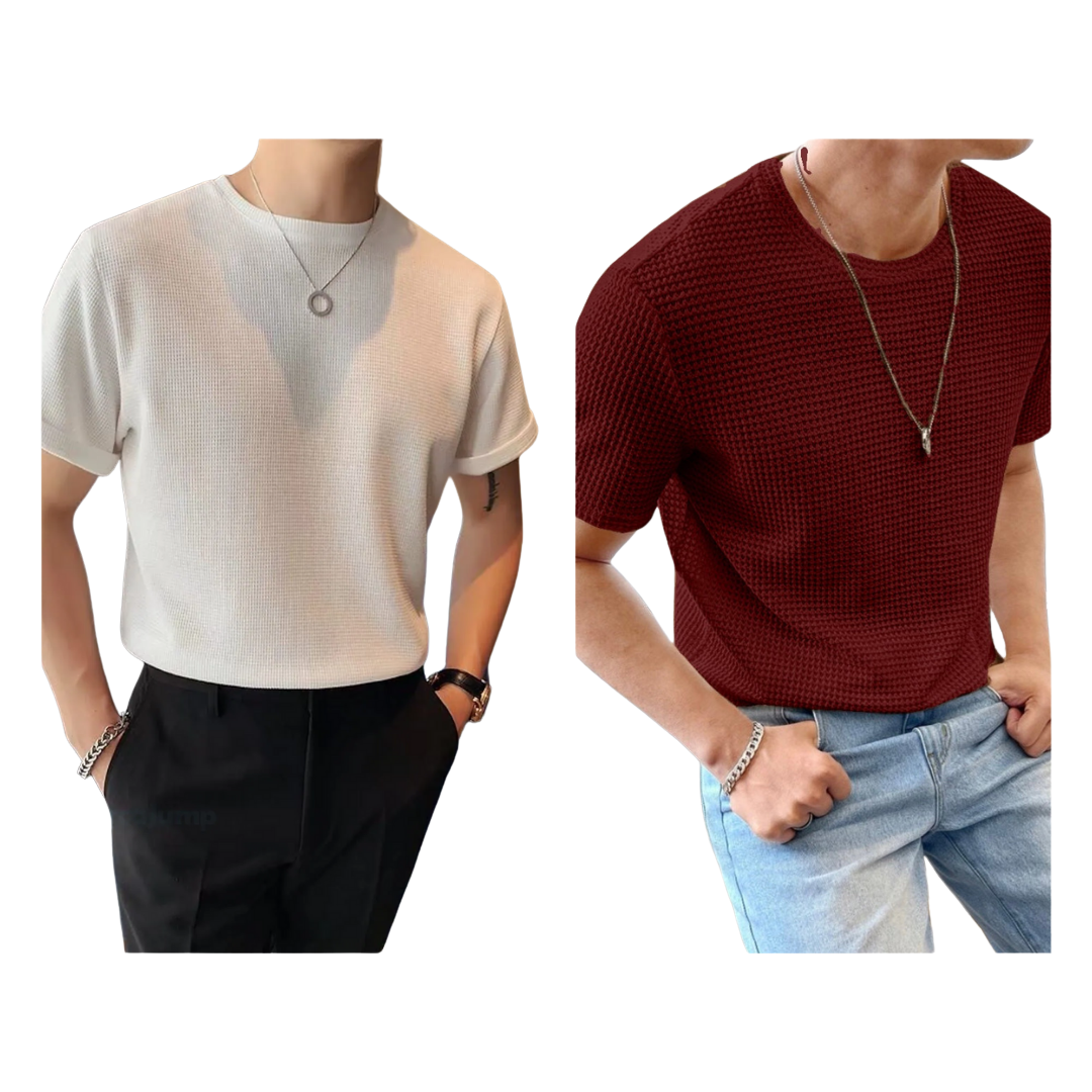 STYLOPHY - Half Sleeves Waffle Knitted Tee - White & Maroon
