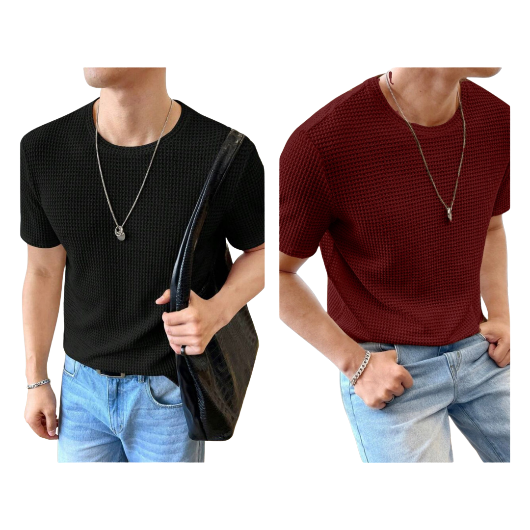 STYLOPHY - Half Sleeves Waffle Knitted Tee - Black & Maroon