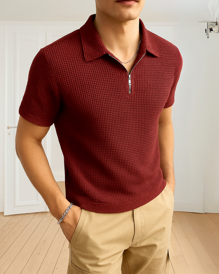 stylophy - Waffle Knitted Zipper Polo - maroon