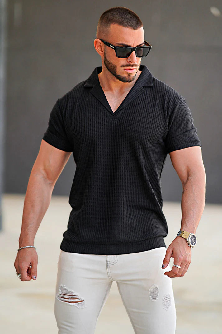STYLOPHY - Premium Waffle Knitted Polo - Black