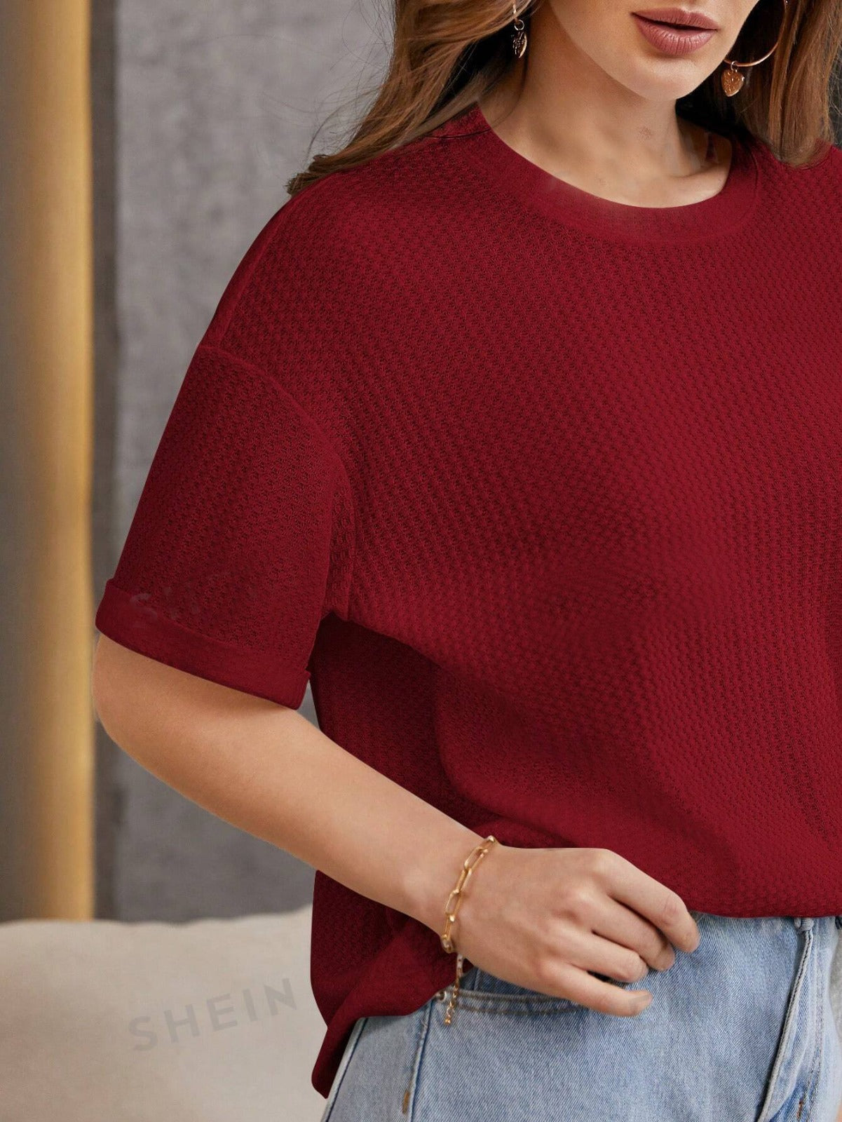 STYLOPHY - Premium Oversized Waffle Knitted Tee - Maroon