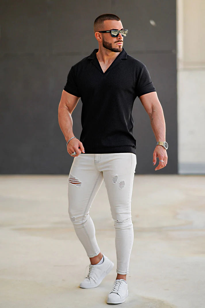 STYLOPHY - Premium Waffle Knitted Polo - Black
