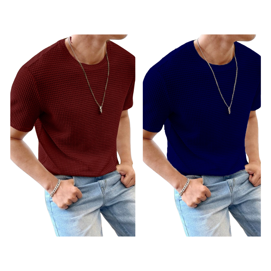 STYLOPHY - Half Sleeves Waffle Knitted Tee - Maroon & NavyBlue