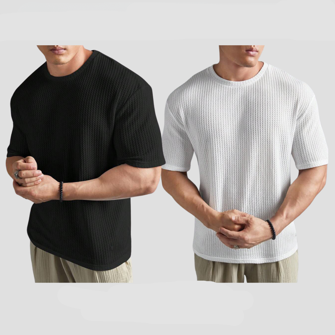 STYLOPHY - Oversized Waffle Knitted Tee For Men's - Po2 - Black & White