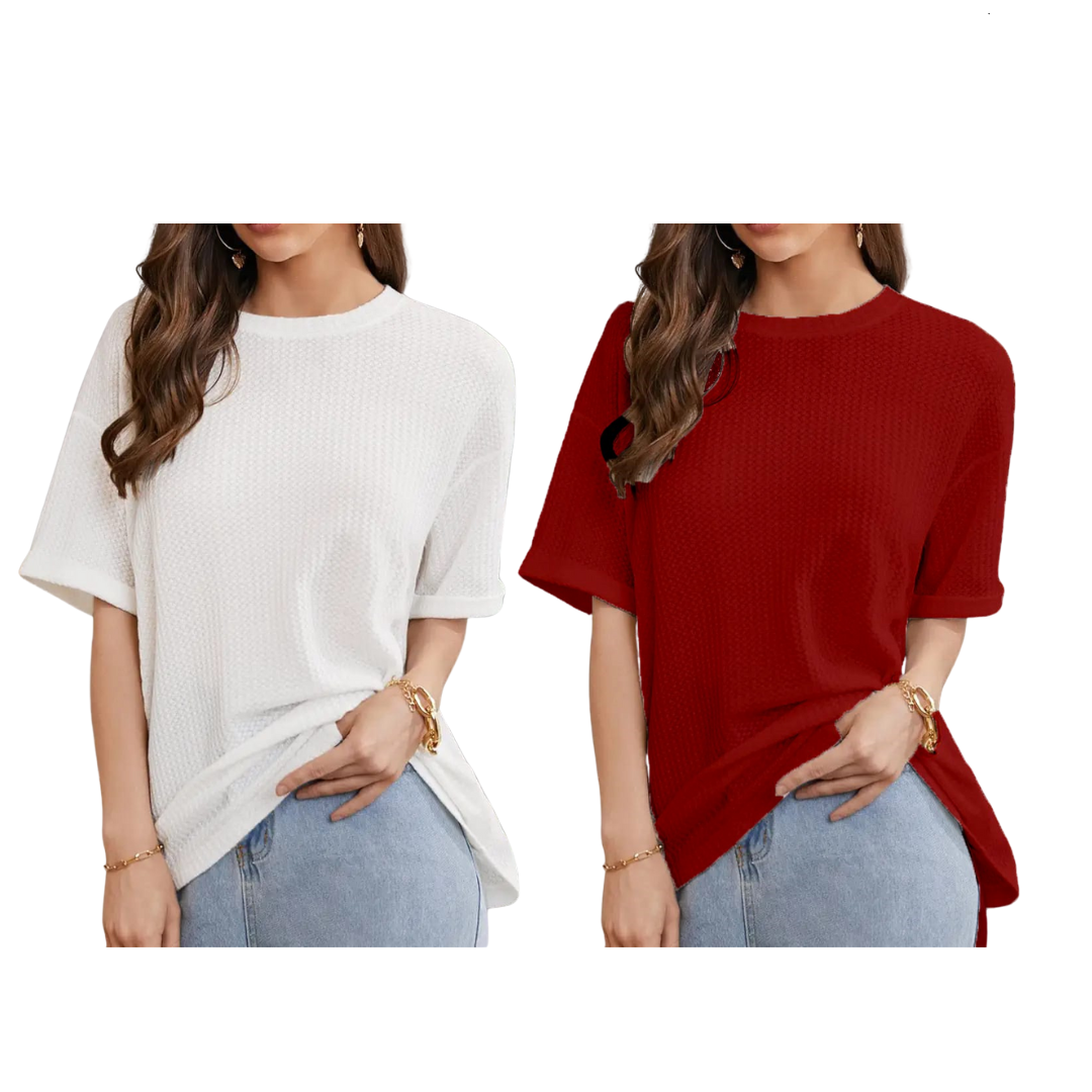 STYLOPHY - Waffle Knit Oversized Tee - Po2 - White & Maroon