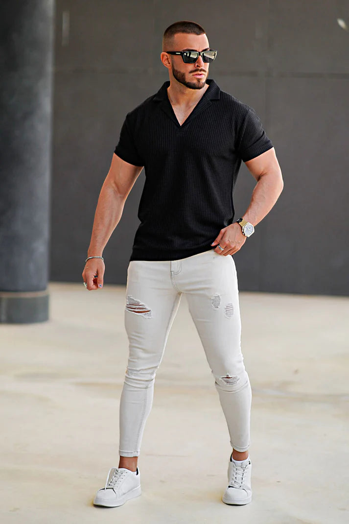 STYLOPHY - Premium Waffle Knitted Polo - Black