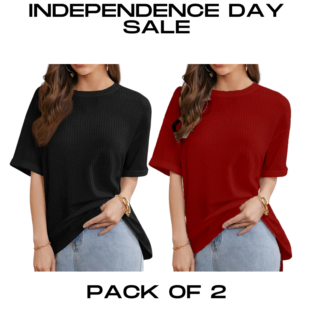 STYLOPHY - INDEPENDENCE DAY SALE - Waffle Knit Oversized Tee - Po2 - Black & Maroon