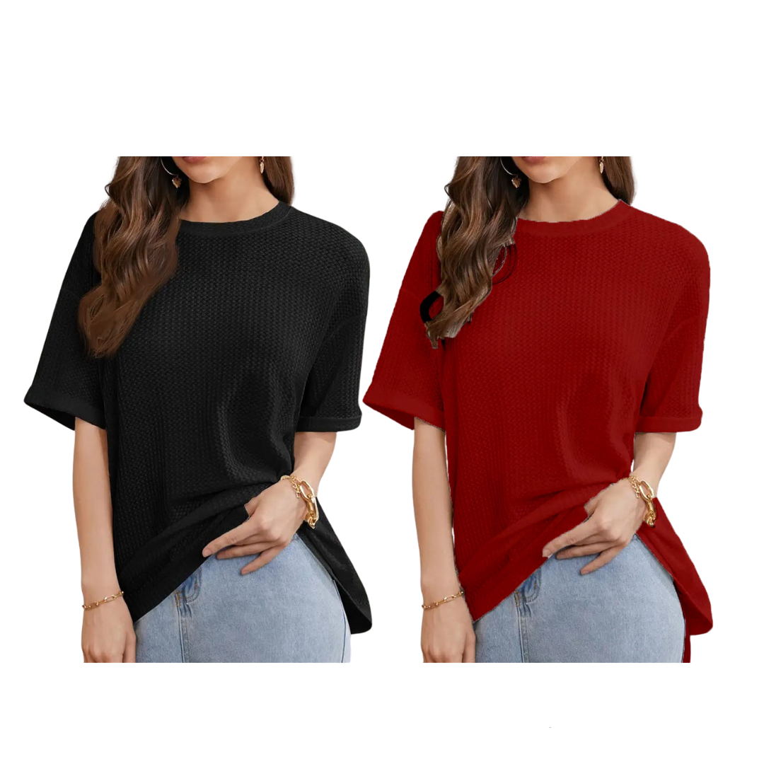 STYLOPHY - Waffle Knit Oversized Tee - Po2 - Black & Maroon