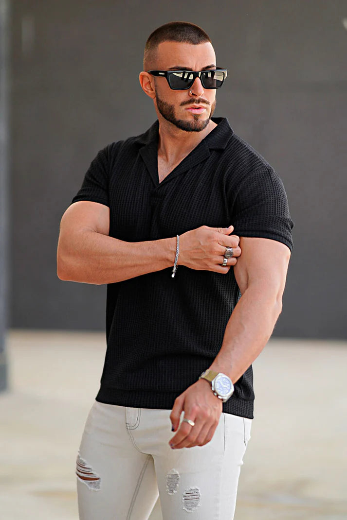 STYLOPHY - Premium Waffle Knitted Polo - Black