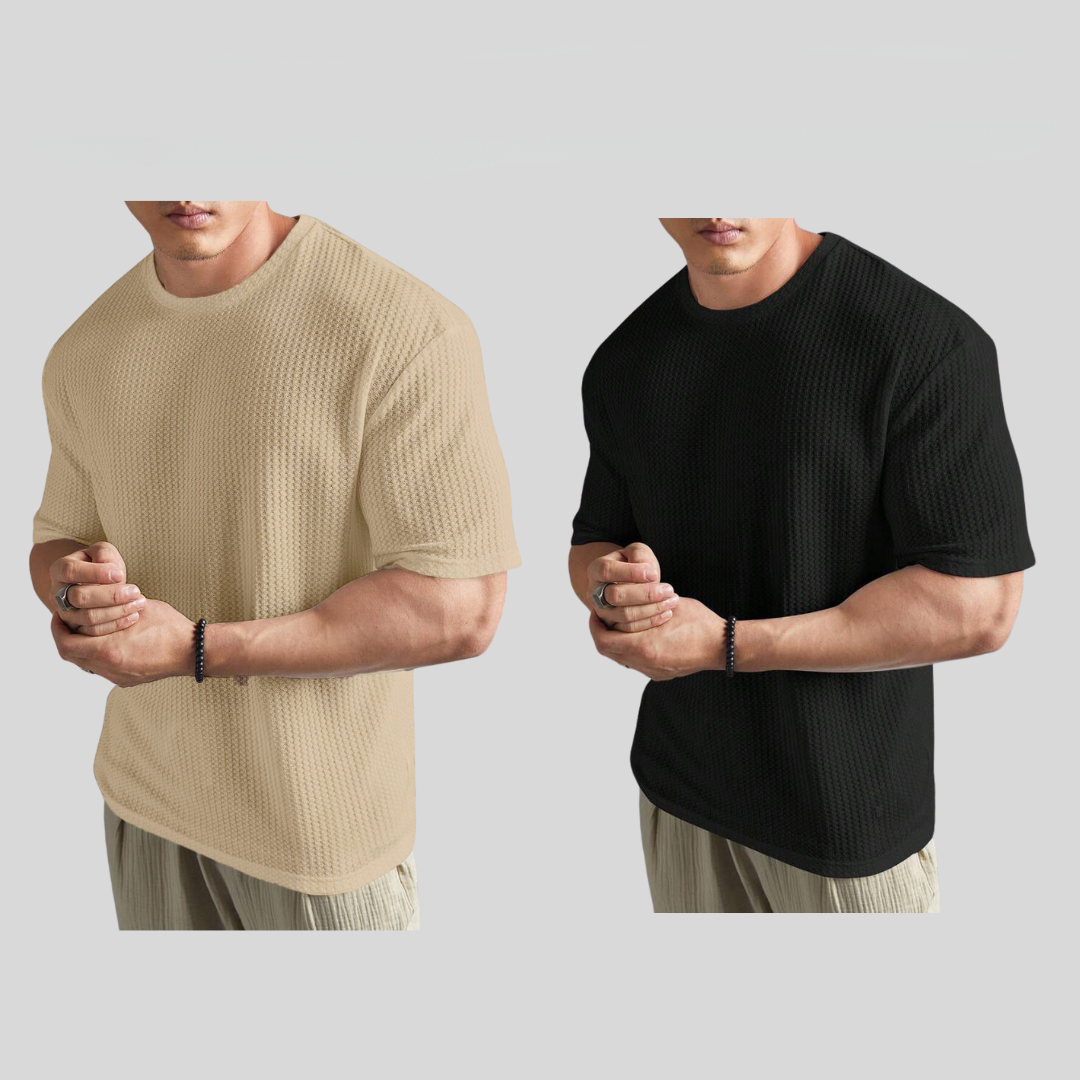 STYLOPHY - Oversized Waffle Knitted Tee For Men's - Po2 - Beige & Black
