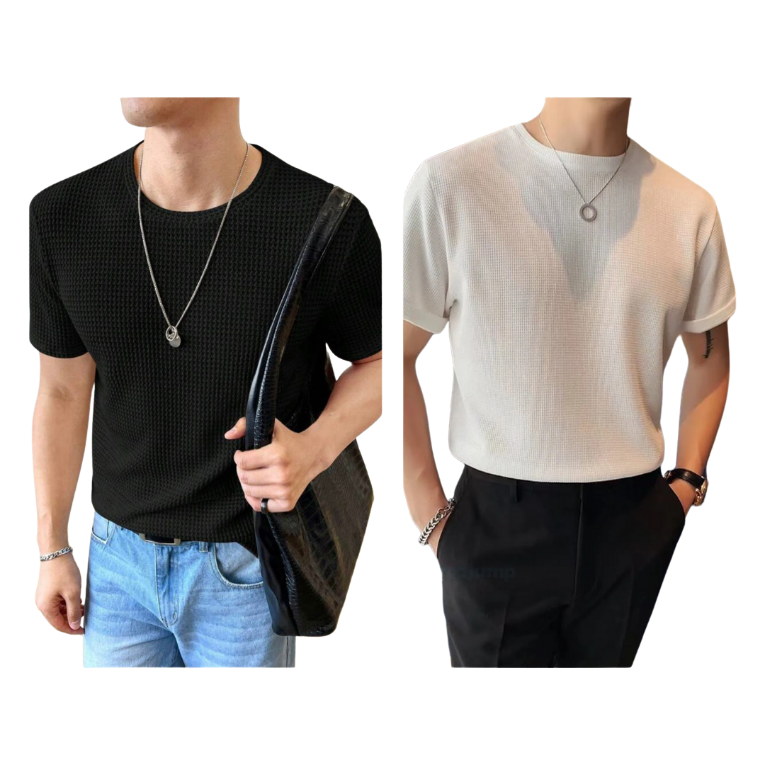 STYLOPHY - Half Sleeves Waffle Knitted Tee - Black & White
