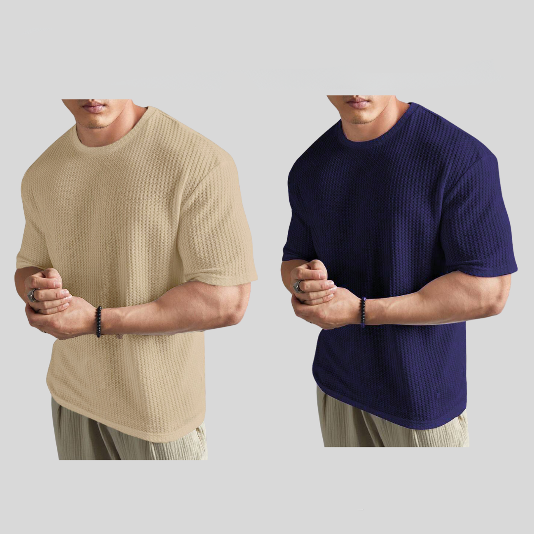 STYLOPHY - Oversized Waffle Knitted Tee For Men's - Po2 - Beige & NavyBlue