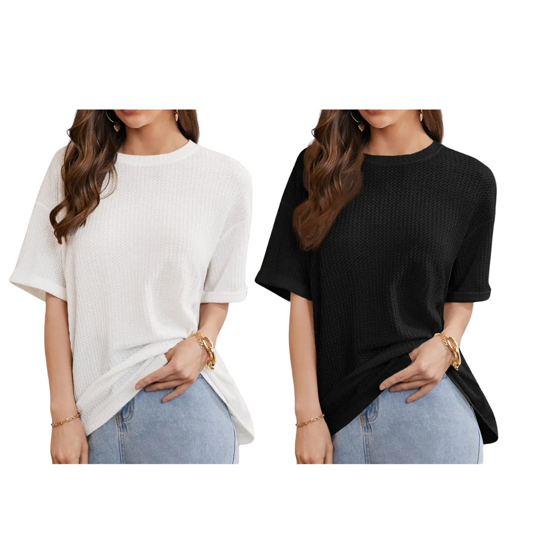 STYLOPHY - Waffle Knit Oversized Tee - Po2 - White & Black