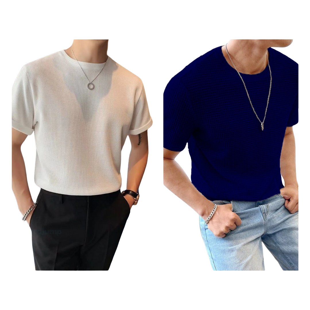 STYLOPHY - Half Sleeves Waffle Knitted Tee - White & NavyBlue