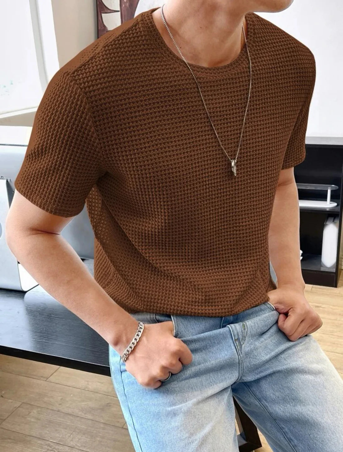 Stylophy - Waffle Knitted Tshirt - Brown