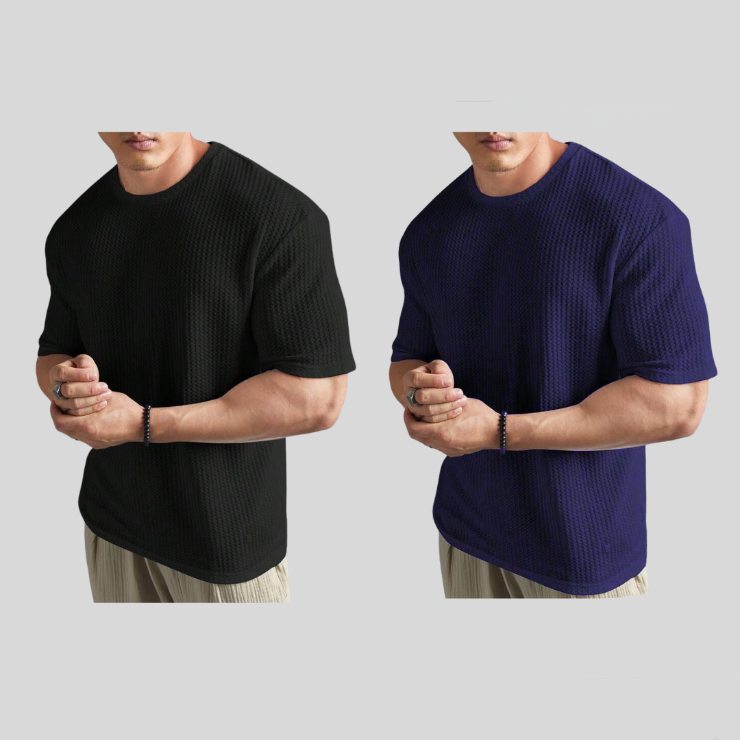 STYLOPHY - Oversized Waffle Knitted Tee For Men's - Po2 - Black & NavyBlue
