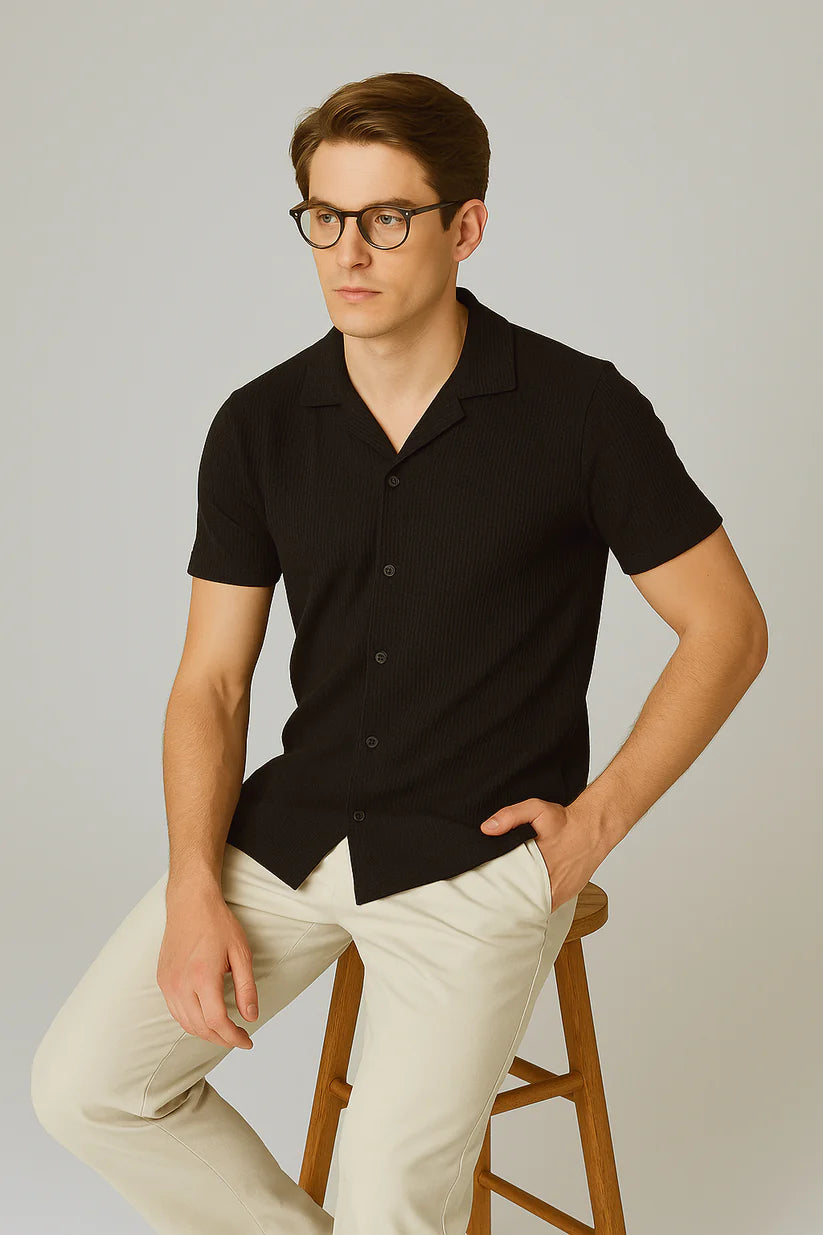 STYLOPHY - Cuban Collar Waffle Knitted Shirt - Black