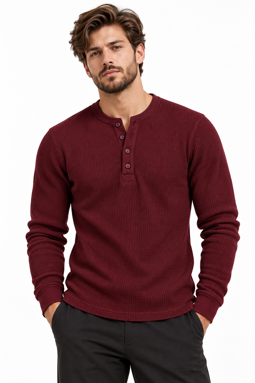 Waffle Knitted Henley Tee - Maroon