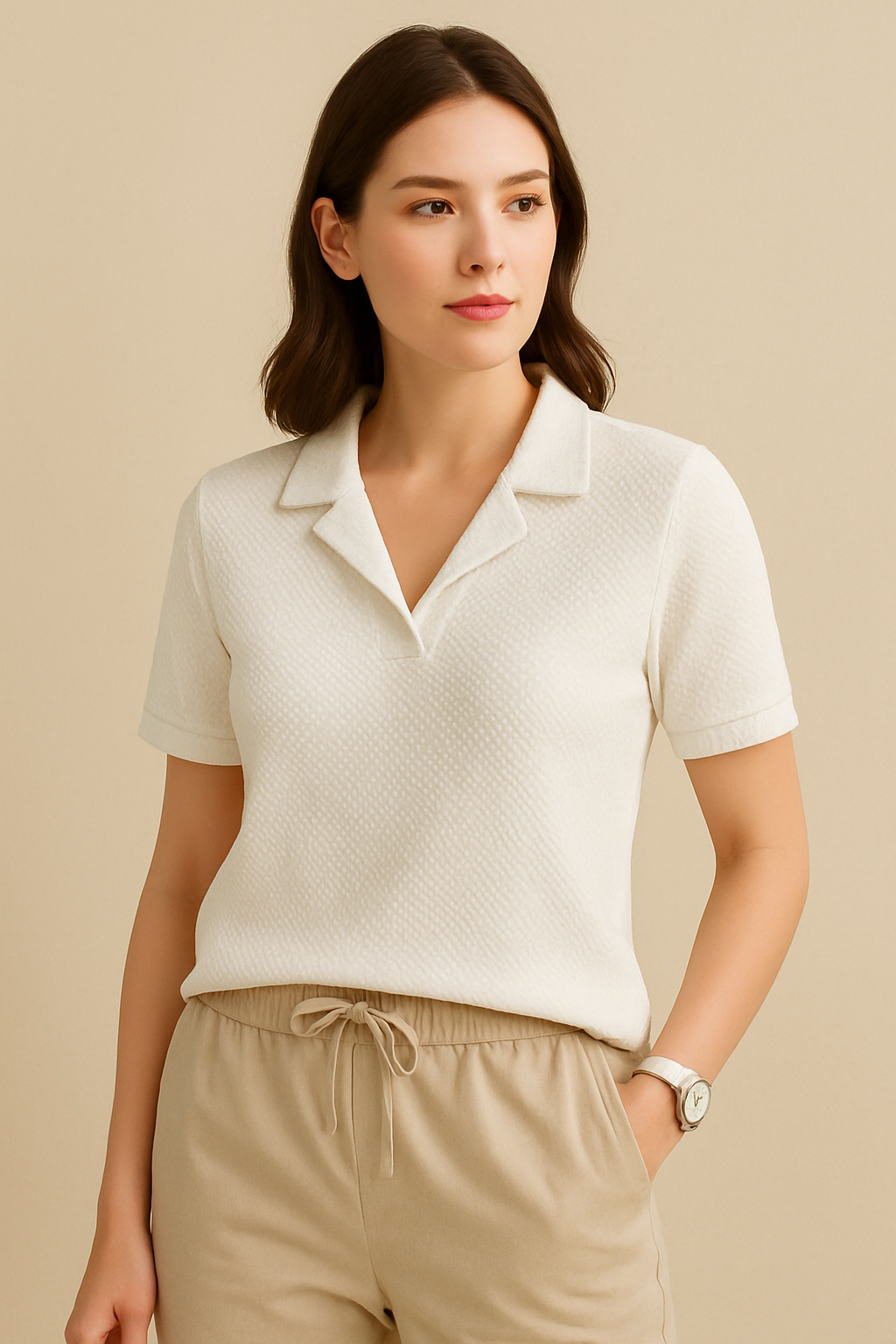 STYLOPHY - Waffle Knitted Polo For Women - White