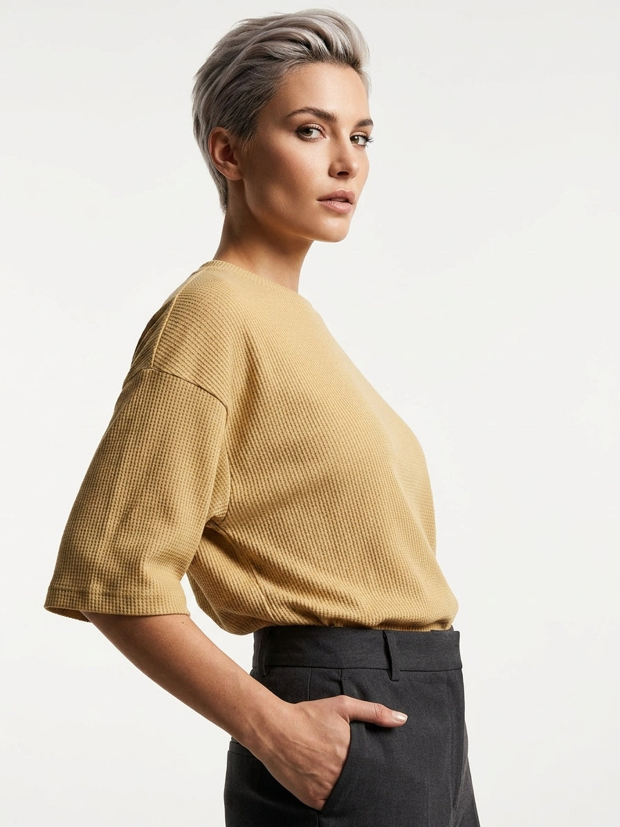Premium Oversized Waffle Knitted Tee - Beige