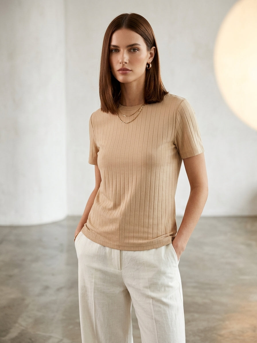 Drop Needle Tee For Women - Beige