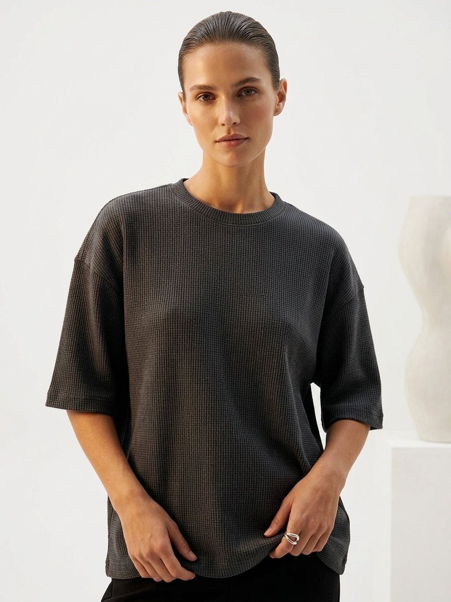 Premium Oversized Waffle Knitted Tee - Charcoal