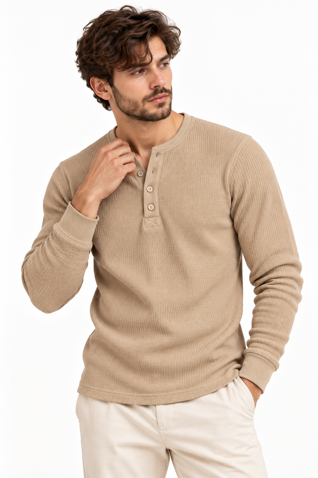 Waffle Knitted Henley Tee - Beige
