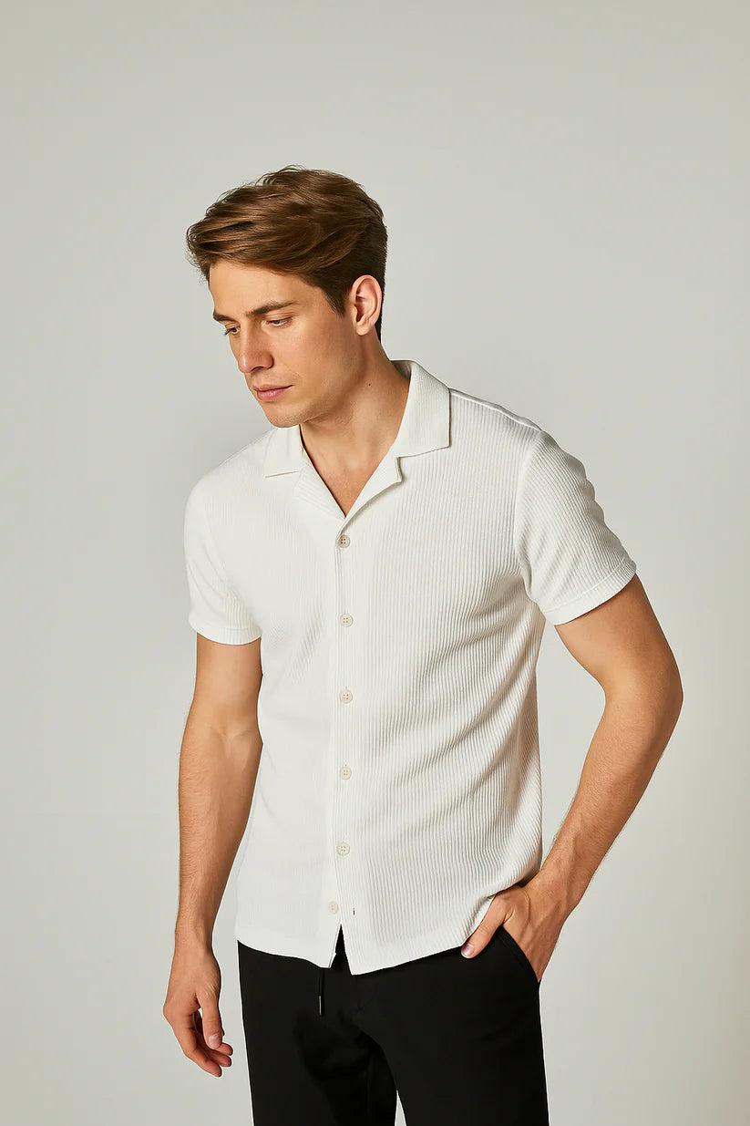 STYLOPHY - Cuban Collar Waffle Knitted Shirt - White