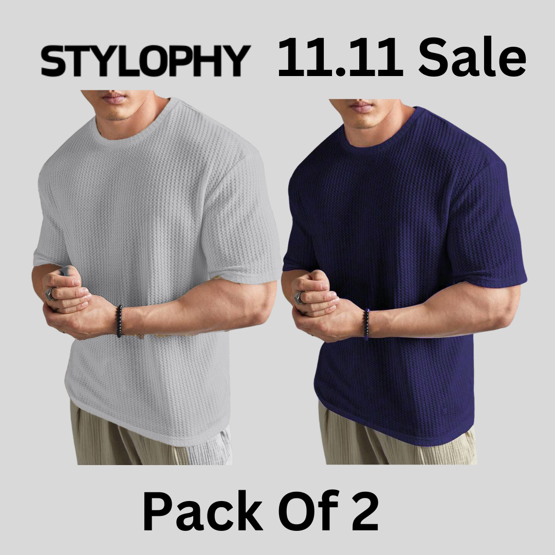 STYLOPHY - Men's Waffle Knit Drop shoulder Tee - Po2 - Grey & Navy Blue