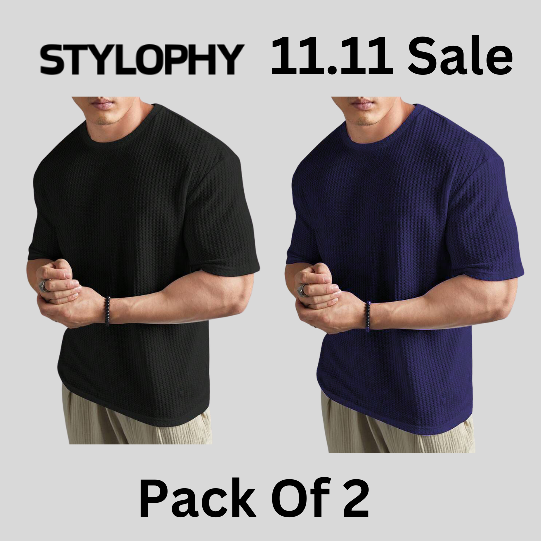STYLOPHY - Men's Waffle Knit Drop shoulder Tee - Po2 - Black & Navy Blue