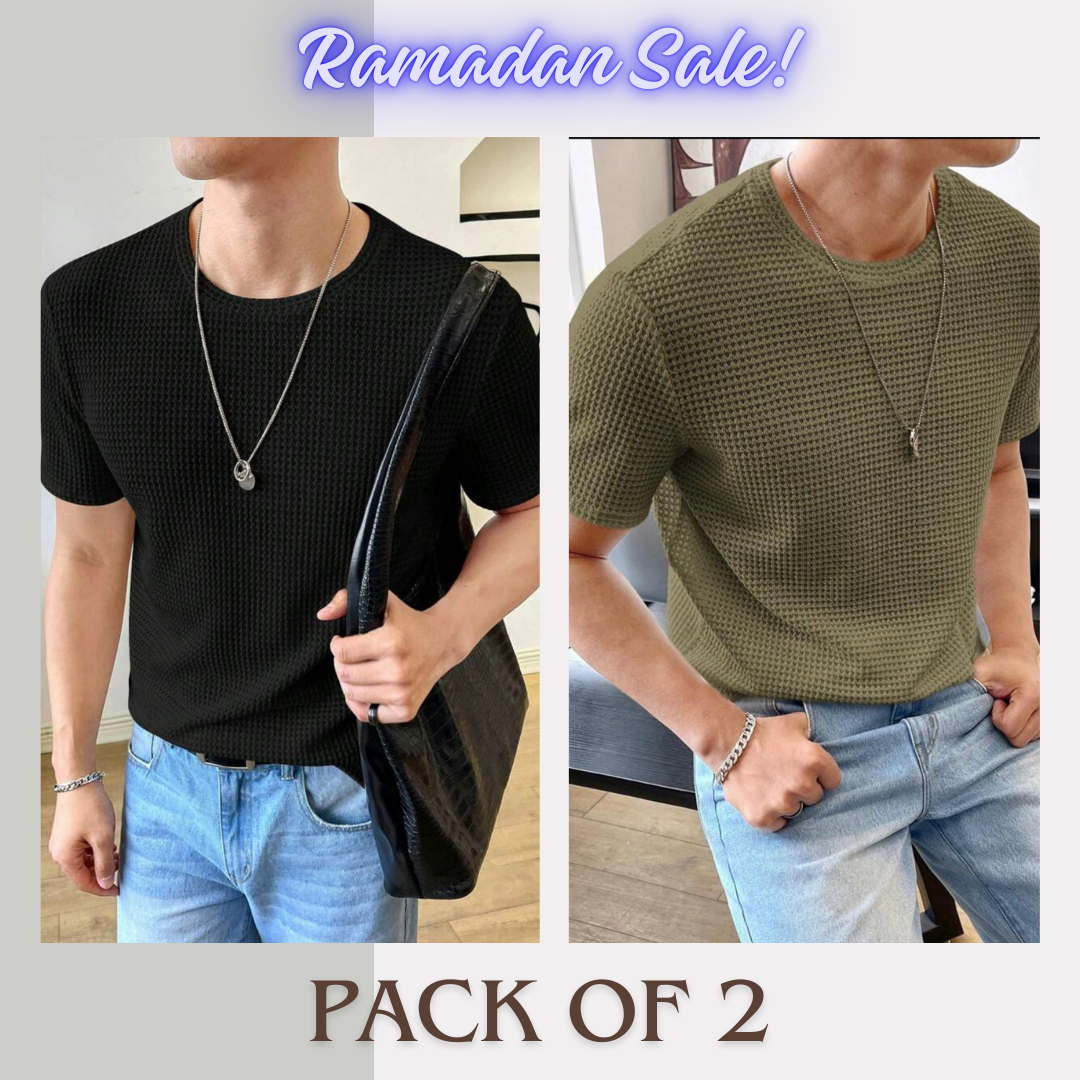 Stylophy - Ramadan Sale - Half Sleeves Waffle Knitted tee - Black & Olive