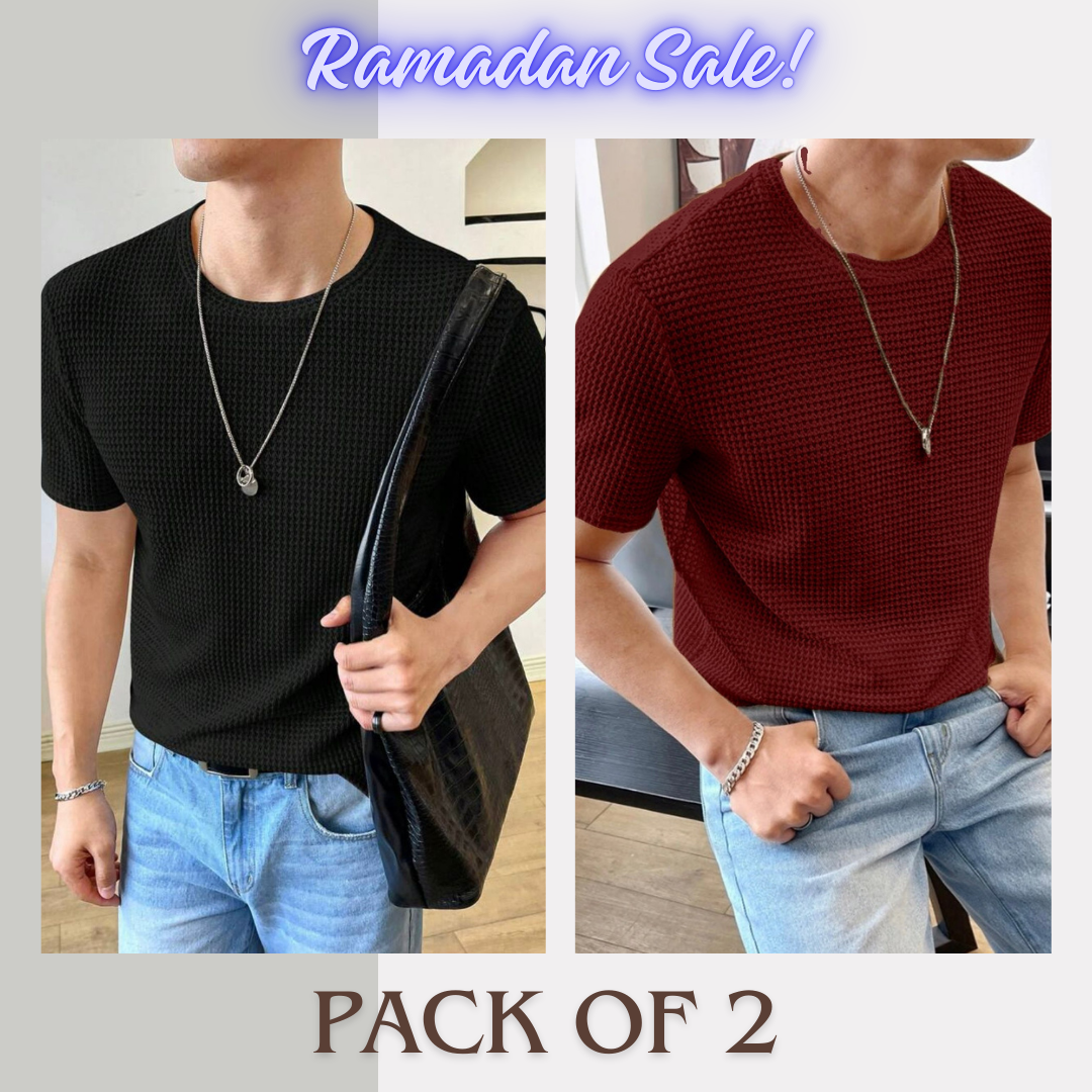 Stylophy - Ramadan Sale - Half Sleeves Waffle Knitted tee - Black & Maroon