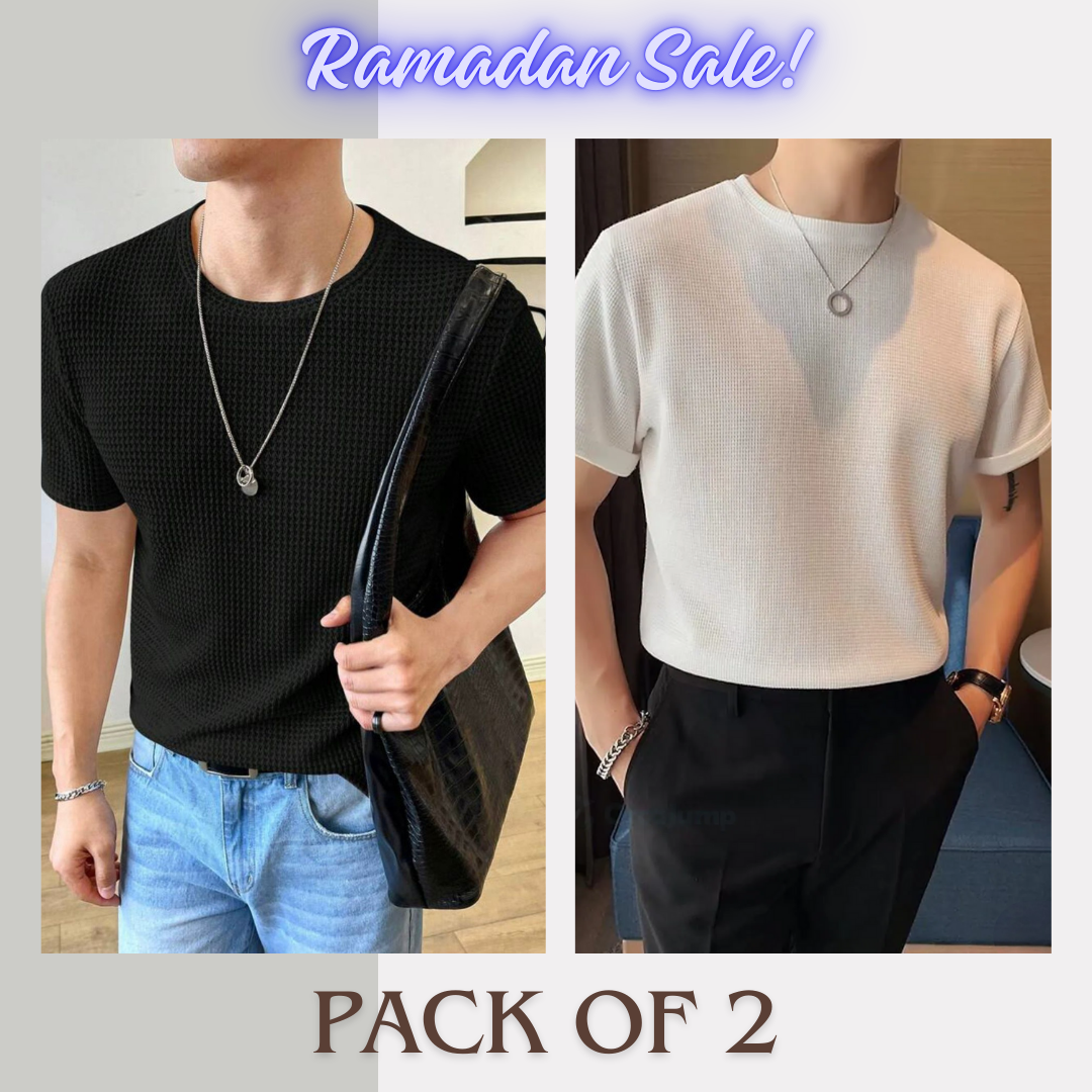 Stylophy - Ramadan Sale - Half Sleeves Waffle Knitted tee - Black & White