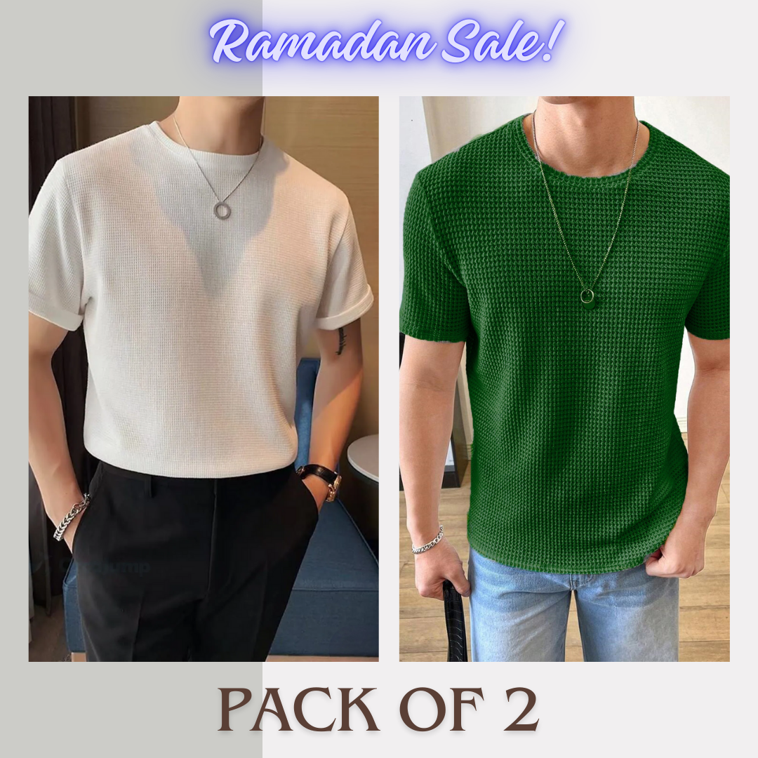 Stylophy - Ramadan Sale - Half Sleeves Waffle Knitted tee - White & Green