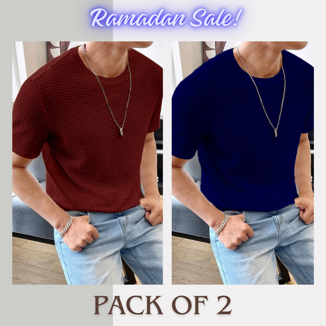 Stylophy - Ramadan Sale - Half Sleeves Waffle Knitted tee - Maroon & Navy Blue