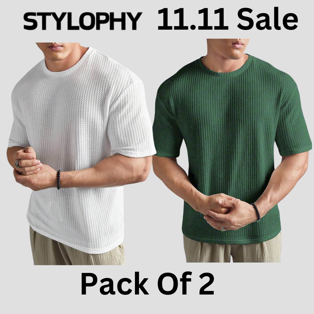 STYLOPHY - Men's Waffle Knit Drop shoulder Tee - Po2 - White & Olive