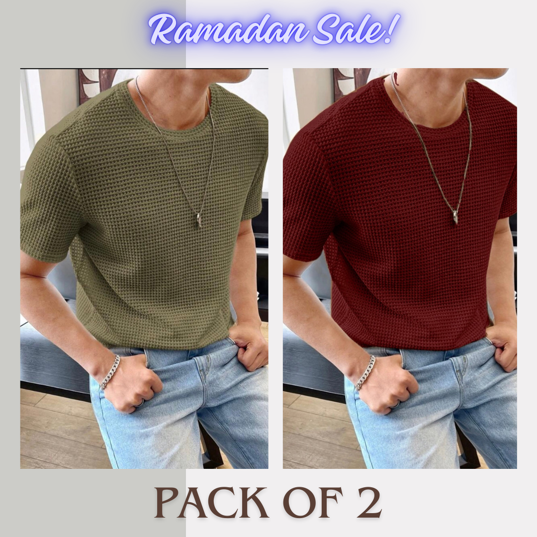 Stylophy - Ramadan Sale - Half Sleeves Waffle Knitted tee - Maroon & Olive