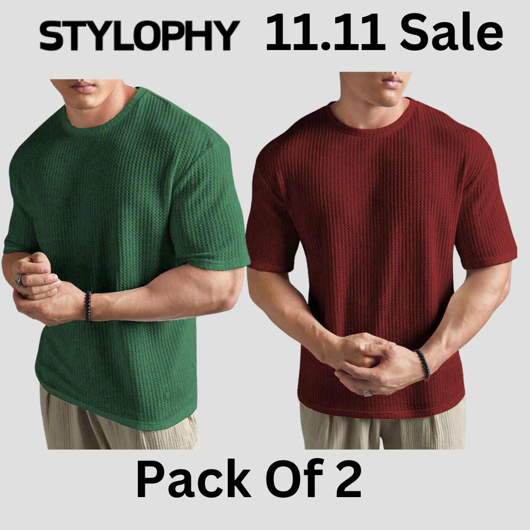 STYLOPHY - Men's Waffle Knit Drop shoulder Tee - Po2 - Olive & Maroon