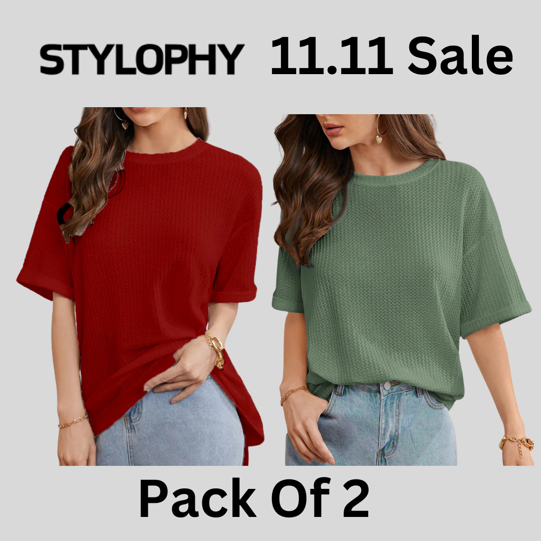 STYLOPHY - Waffle Knit Oversized Tee - Po2 - Maroon & Olive