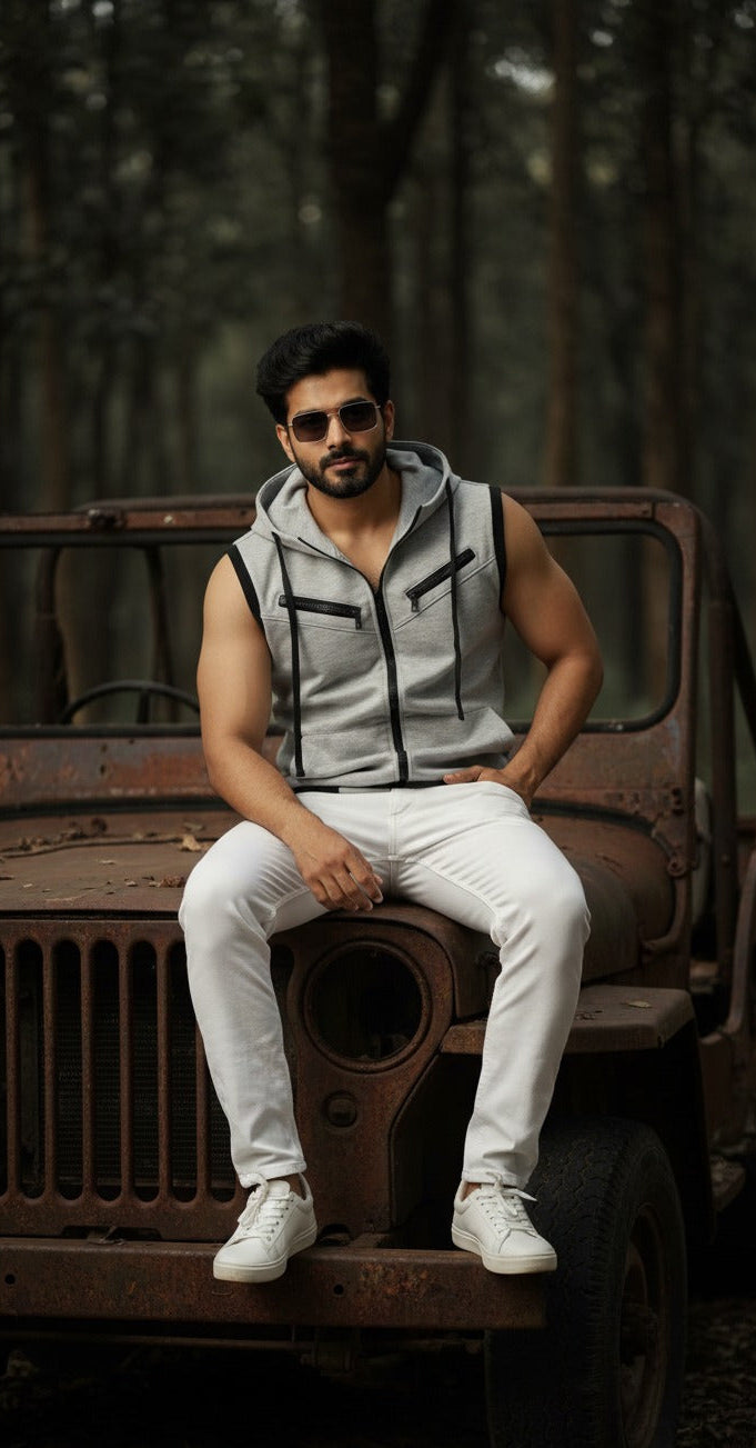 Men's Sleeveless Hooded Zipper - Grey