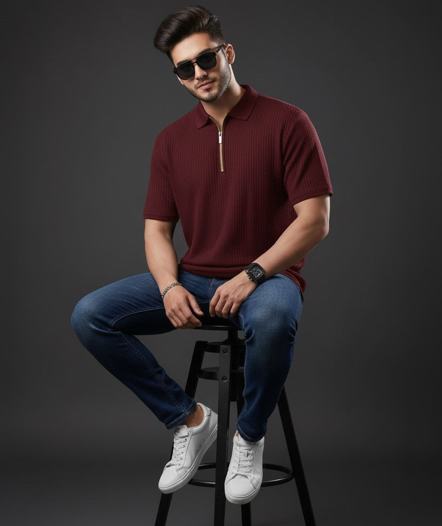 stylophy - Waffle Knitted Zipper Polo - maroon