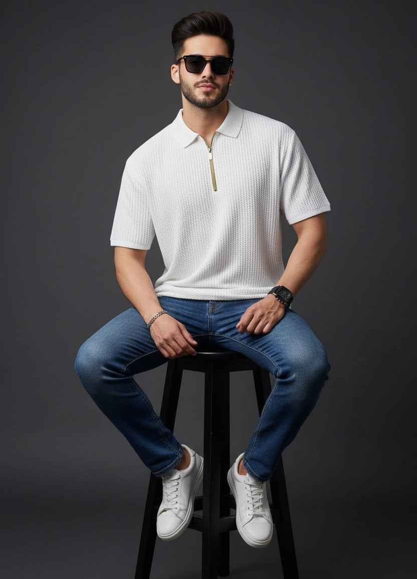 stylophy - Waffle Knitted Zipper Polo - White