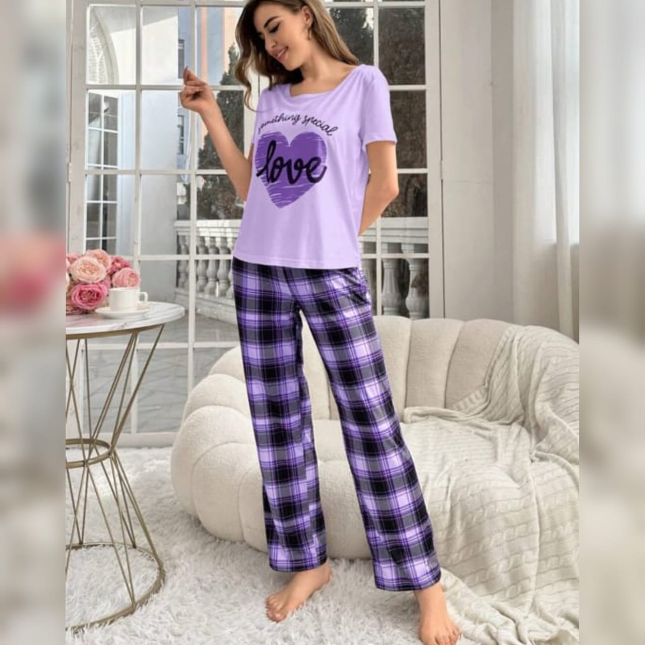STYLOPHY - Heart Print With Checked Pajama Set For Women