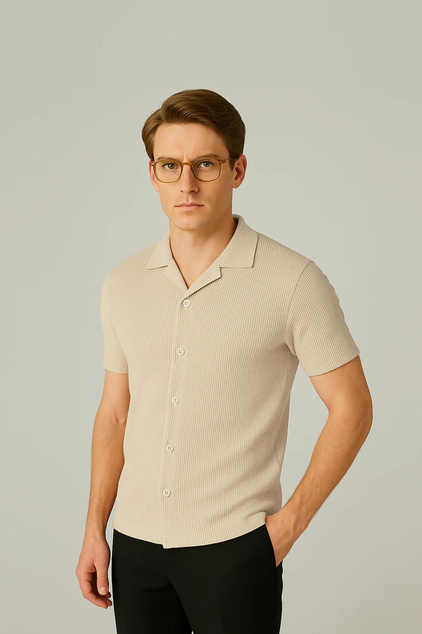 STYLOPHY - Cuban Collar Waffle Knitted Shirt - Beige