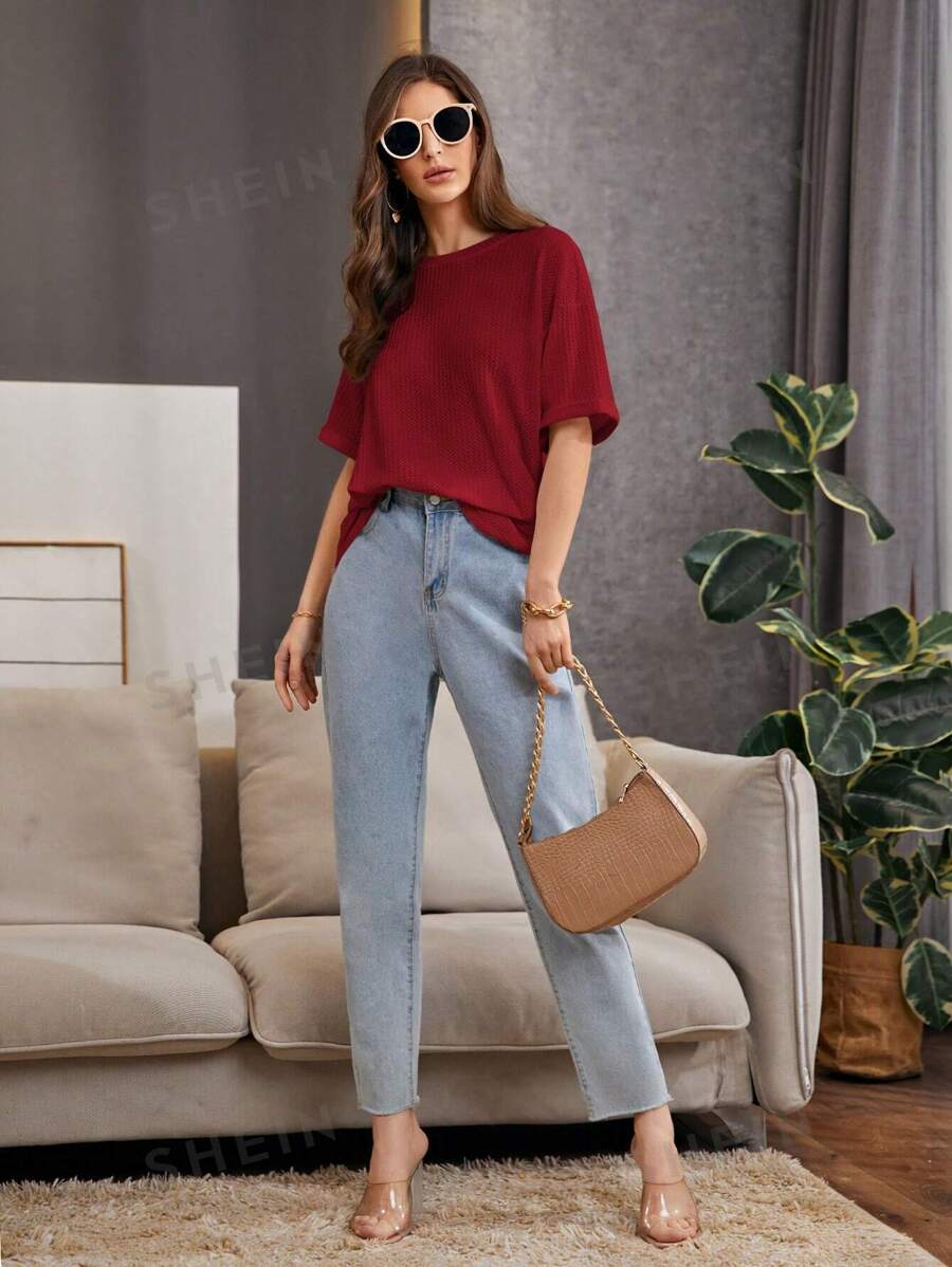 STYLOPHY 11.11 SALE - Waffle Knit Oversized Tee - Maroon
