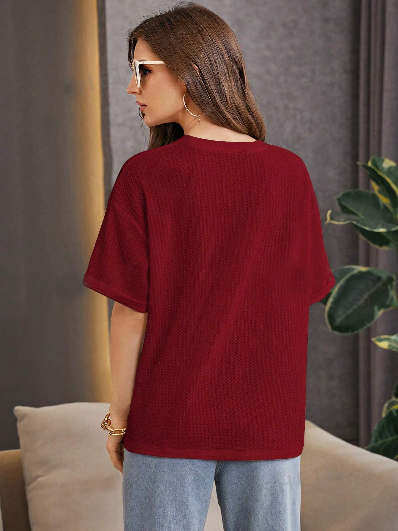 STYLOPHY 11.11 SALE - Waffle Knit Oversized Tee - Maroon