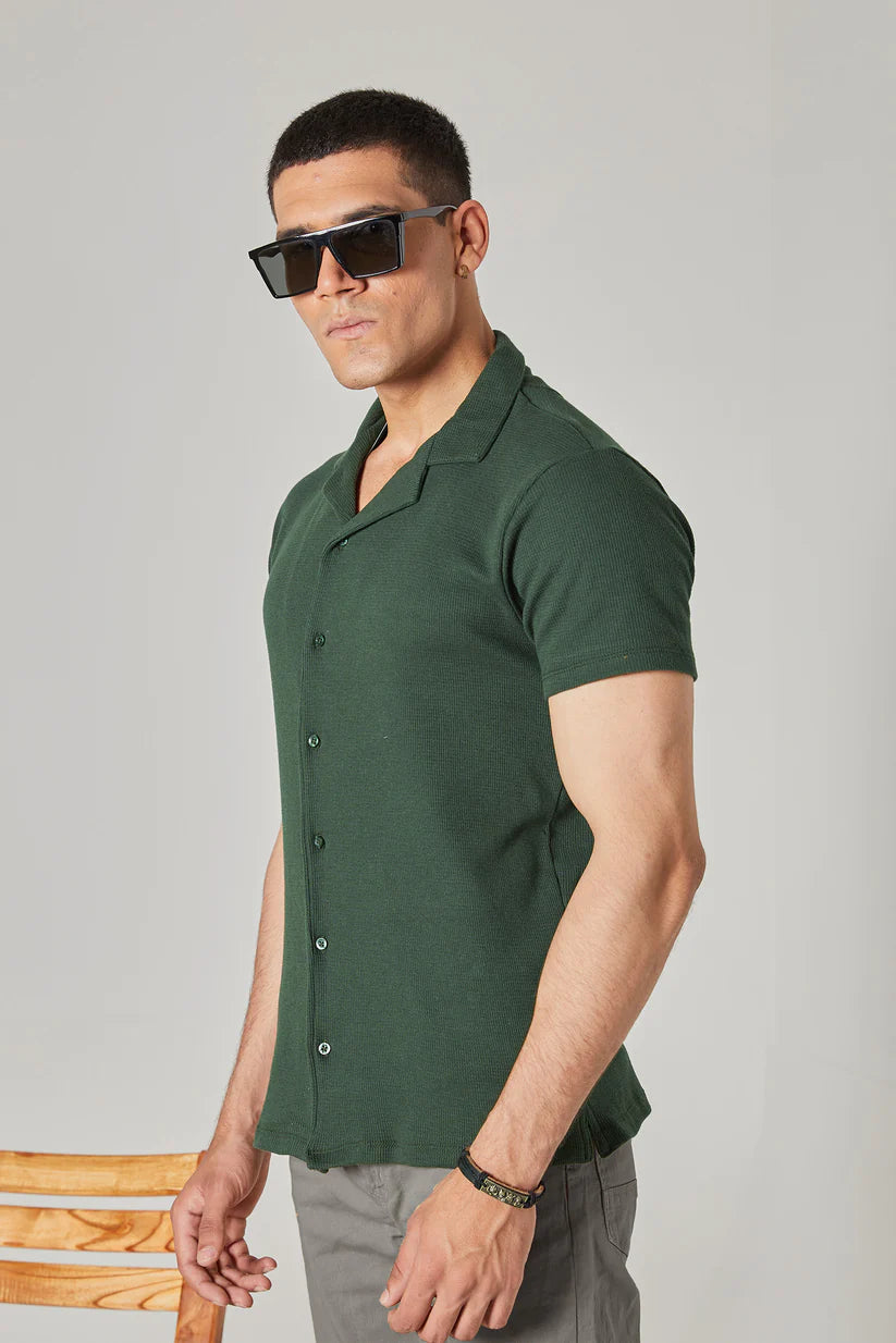 STYLOPHY - Cuban Collar Waffle Knitted Shirt - Olive Green