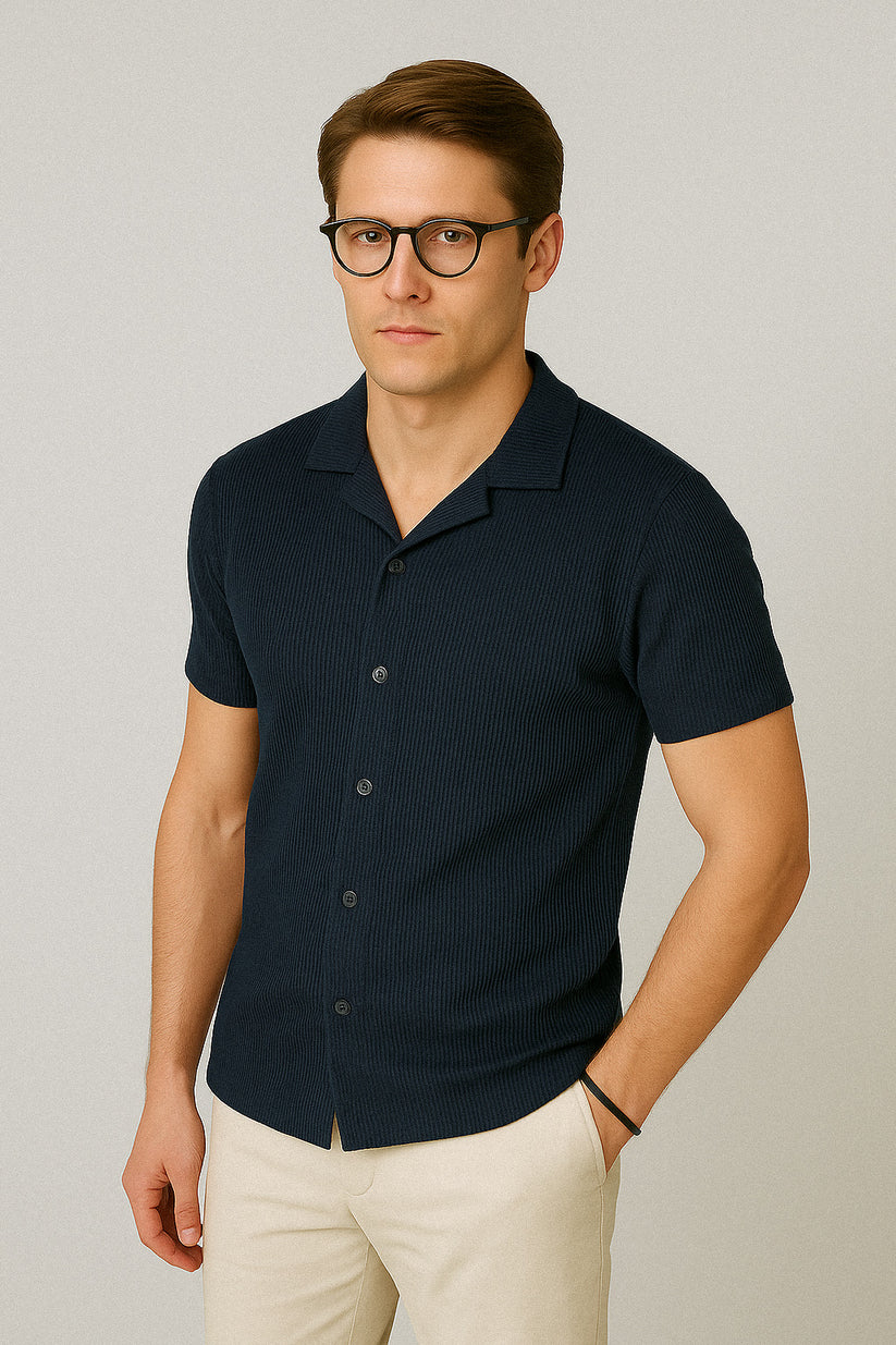 STYLOPHY - Cuban Collar Waffle Knitted Shirt - Navy Blue